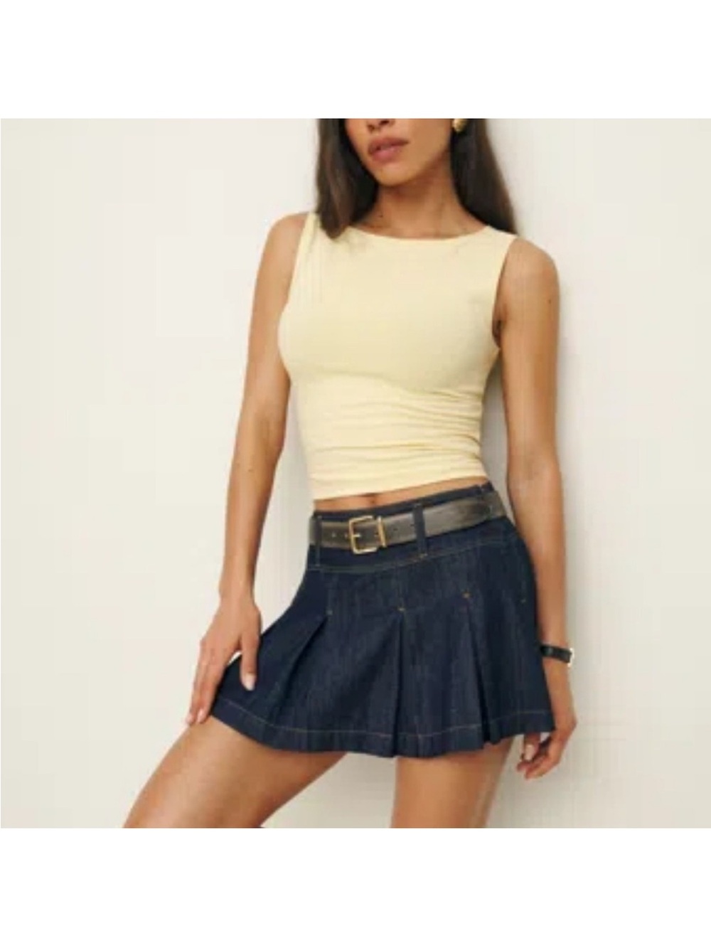 Reformation Dark Blue Pleated Denim Mini Skirt